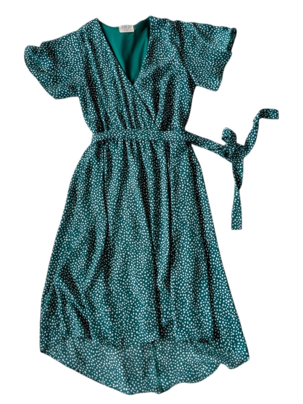 Sienna Sky Kelly Green Polka Dot High-Low Faux Wrap Dress Women's Xsmall